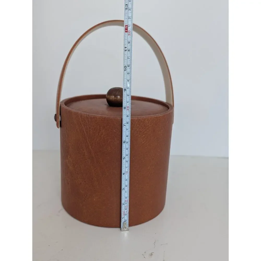 Vtg MCM Brown Faux Leather Ice Bucket Barware Wood Knob Retro 60s 70s